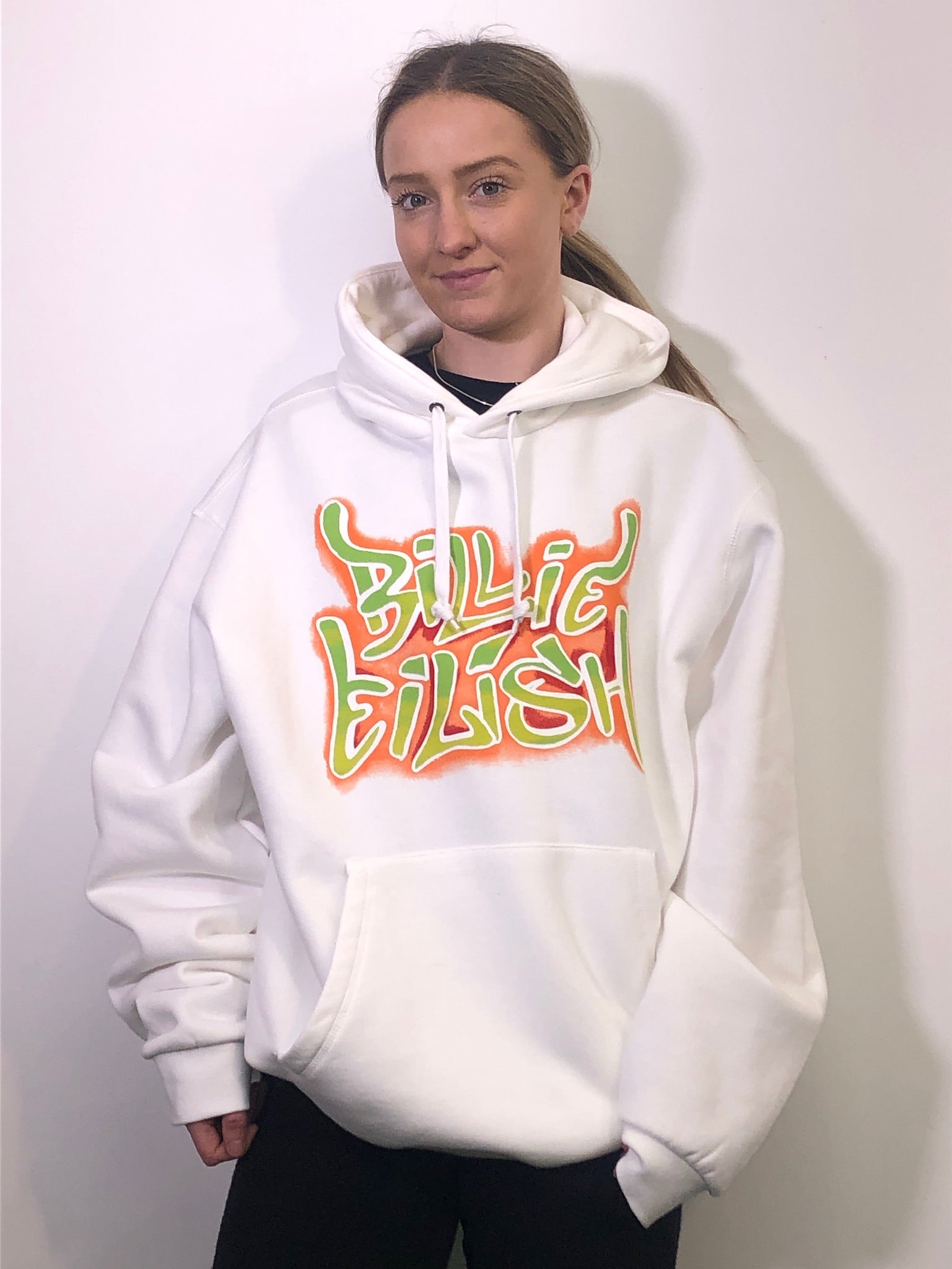 Billie Eilish Airbrush Flames Blohsh White Hoodie