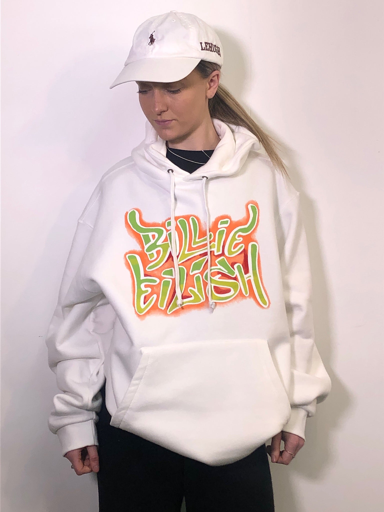 Billie Eilish Airbrush Flames Blohsh White Hoodie